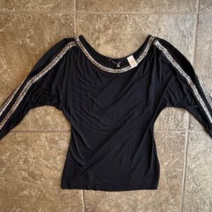 BKE Black Cold Shoulder Long Sleeve Shirt with Silver Bead Accents